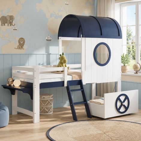 Cama infantil casita 90 x 200 cm con techo, ventana y cajón con ruedas, blanca y azul HAVRYA (1/5)