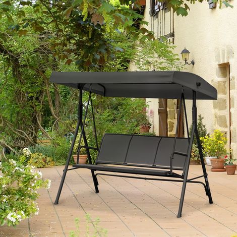 Outsunny Balancelle de jardin 3 places, grand confort, toit à inclinaison réglable, assise et dossier ergonomiques, métal époxy + textilène, noir (1/5)