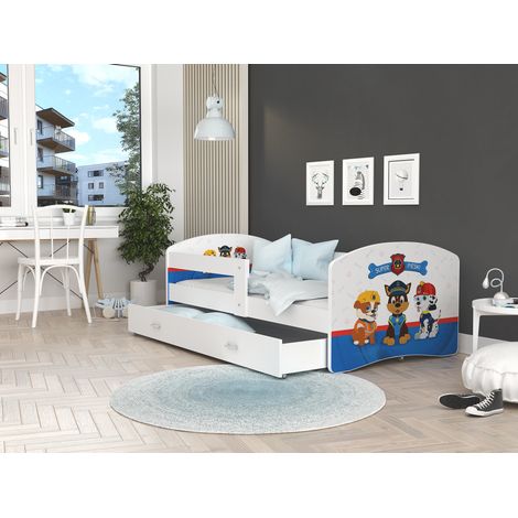 Lit enfant Happy 80x160 – Lit en MDF avec sommier FLEX – Tiroir de rangement – Barrière de sécurité supplémentaire – Kids Literie (1/3)