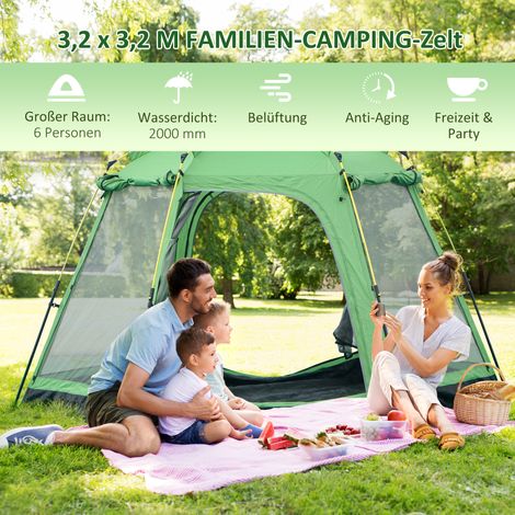 Tente familial 6 places, abri dôme en similicuir, déperlance 2000 mm, montage rapide, idéale camping, randonnée, festivals, armature acier et fibre de verre, vert, 320x320x180 cm