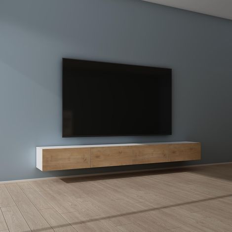 Mai & Mai Fernsehtisch Fernsehschrank TV Schrank Verdeckter Griff mit Soft-Close Lowboard Hängeschrank für Wohnzimmer in Matt Weiß + Kerneiche BTH: 280x40,2x30 cm Fernsehschrank02