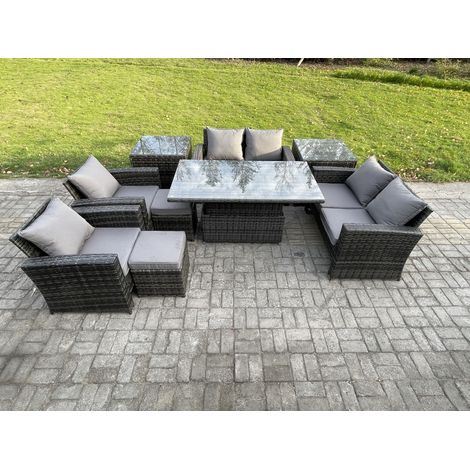 Fimous Outdoor Garden Furniture Sets 9 Pieces Wicker Rattan Furniture Sofa Dining Table Set with 2 Small Footstools 2 Side Tables Dark Grey Mixed (1/5)