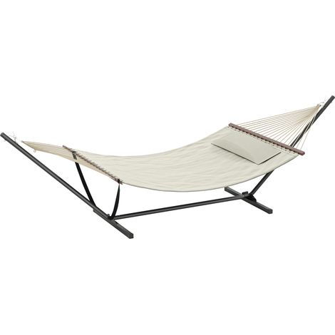 Hamac sur pied avec support en acier, oreiller inclus, barres d'écartement, 368 x 140 x 110 cm, crème (1/5)