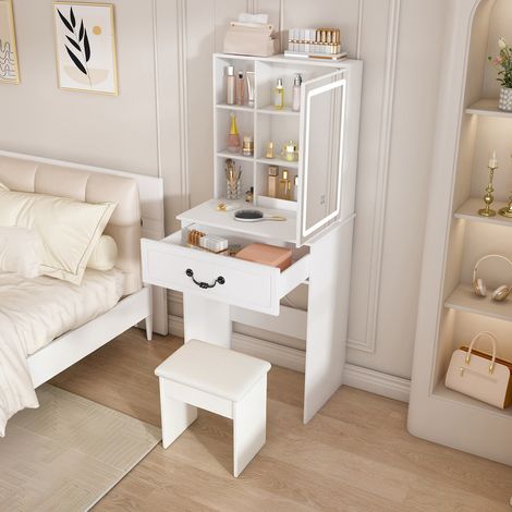 Coiffeuse Moderne Minimaliste avec Miroir et éclairage LED, Meuble Coiffeuse avec Tiroir et tabouret rembourré, avec Rangement Caché 60x130x36 cm