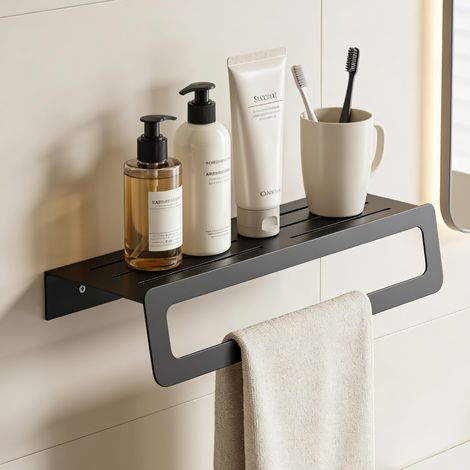 doporro Mensola da Parete Multifunzionale, Mensola per Doccia in Metallo con Portasciugamani Mensola da Appendere per Bagno o Cucina, Nero, Tavrin-04 (1/5)
