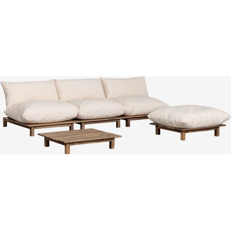 SKLUM Gartenset mit 3-teiligem modularen Liegesofa für den Garten mit Couchtisch und Pouf aus Brina-Akazienholz Creme-Beige