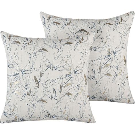 Lot de 2 Coussins Décoratifs Beiges 45 x 45 cm avec Motif Floral Bleu et Doré pour Style Classique Scandinave ou Moderne Beliani (1/5)