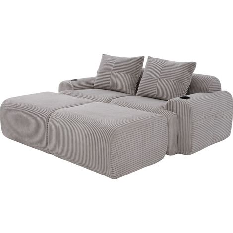 Canapé modulaire velours côtelé, 2 places + 2 poufs, porte-boissons, poche latérale, modulable, pour salon, gris clair (1/5)