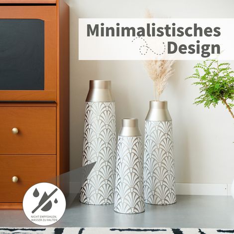 Lot de 3 vases de sol métalliques blanc-argent, motif éventail semi-fait main, hauteurs 43,5/51/61 cm, décoration moderne pour salon, couloir, entrée. (1/5)