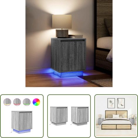 vidaXL Nachttisch Holz - Nachttische mit LED-Leuchten 2 Stk. Grau Sonoma 38x34x50 cm (1/5)