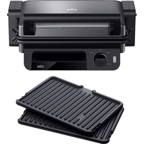 Braun MultiGrill CG5010IGY Bistecchiera Elettrica, Griglia a contatto con manopola, regolazione temperatura, 3 Posizioni di Cottura, Piastre Removibili e Lavabili, piastra aperta 30x22cm, 2000W, Nero (1/5)