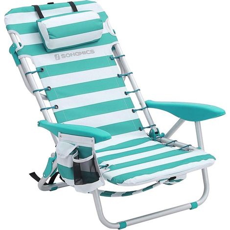 Chaise de plage portable avec appui-tête siège d’extérieur dossier haut réglable jusqu'à 180 ° avec porte-gobelet et poche accoudoirs charge 150 kg rayures vertes et blanches gcb62jw (1/2)