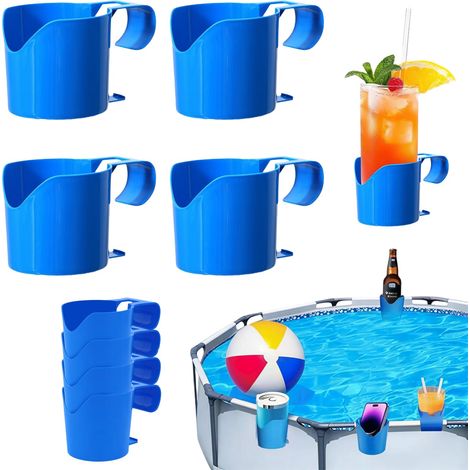 Lot de 4 porte-gobelets de piscine - En plastique robuste - Pour piscine et piscine hors sol - Accessoires de piscine pour boissons, téléphones portables et ustensiles - Bleu (1/4)