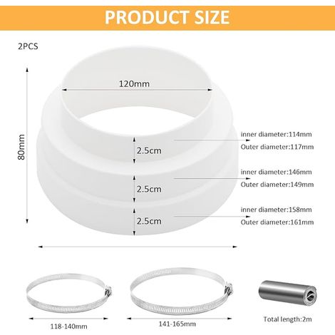 120 150 160mm Reducing Connector with 2 Stainless Steel Hose Clamps Universal Reduction Adapter for Ventilation System Round Tube Ventilation Duct (1/3)