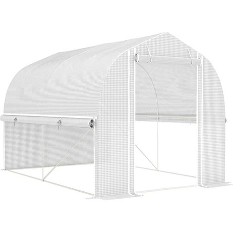 Serre tomates aluminium 300x200x200cm, 4 fenêtres + porte, panneaux latéraux enroulables, structure acier galvanisé, résistant UV, blanc (1/5)