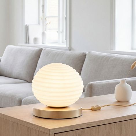 Tischleuchte Glas Metall D: 32 cm rund H: 28 cm hoch in Gold Weiß Modern für E27 Beistelllampe