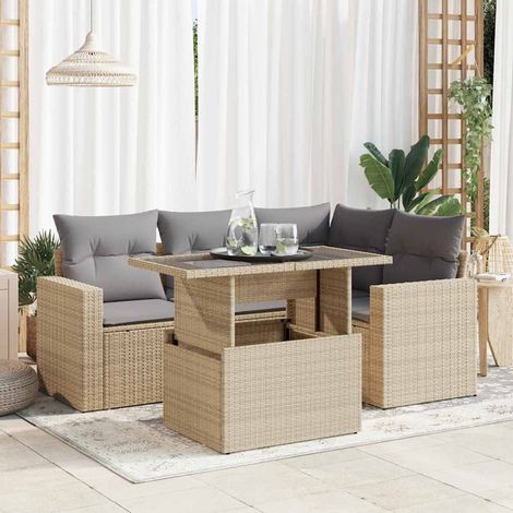 5-tlg. Garten-Sofagarnitur mit Kissen Beige Poly Rattan (1/5)