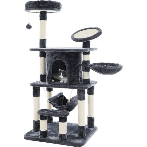 FEANDREA Albero per Gatto a Diversi Ripiani con Graffiatoio Amaca Tiragraffi Grande con Colonna in Sisal Naturale Grigio PCT25G (1/5)