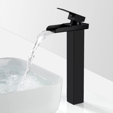 Robinet de salle de bain noir à large rebord et à bec haut avec tuyau d'arrivée de 60 cm Mitigeur de lavabo à bec large de style européen avec eau chaude et froide