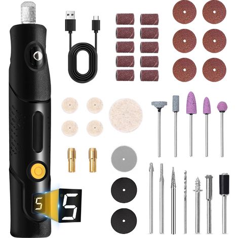 Outil rotatif sans fil rechargeable par USB - 5 vitesses - Accessoires inclus - Ponçage, polissage, perçage, gravure (1/4)