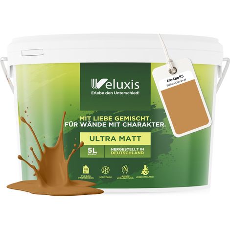 Wandfarbe Gold Braun Orange Matt Innenfarbe – Deckkraft Klasse 1, VOC-frei, Ohne Grundierung, Tropfarm – Wohnzimmer & Schlafzimmer – 5L – Veluxis (Salted Caramel)