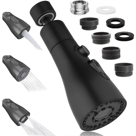 Aérateur de Robinet Pivotant à 360°, Embout Robinet Cuisine avec 3 Modes, Douchette Mousseur Robinet Economie Eau, Adaptateur de Rallonge de TêTe de Robinet Salle De Bain lavabo (Noir) (1/5)
