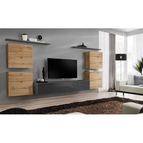 Ensemble mural - Switch IV - 1 vitrine - 1 banc TV - 2 étagères - Bois et graphite - Modèle 1 - Livraison gratuite