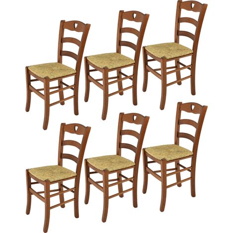 Tommychairs - Set 6 sedie modello Cuore per cucina bar e sala da pranzo, robusta struttura in legno di faggio color noce chiaro e seduta in paglia (1/5)