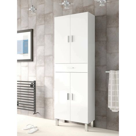 Calicosy – Meuble de rangement de salle de bain 4 portes et 1 tiroir – Blanc brillant – Dimensions 60 x 29 x 182 cm – Structure en aggloméré mélaminé