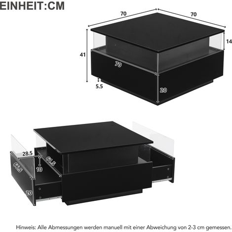 Couchtisch 70 x 70 x 41 cm schwarz mit LED, 2 Schubladen und Vitrine (1/5)