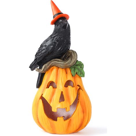 Décoration Halloween Citrouille Lumineuse avec Corbeau et Chapeau Rouge, Ornement Artisanal Souriant pour Intérieur et Jardin (1/5)
