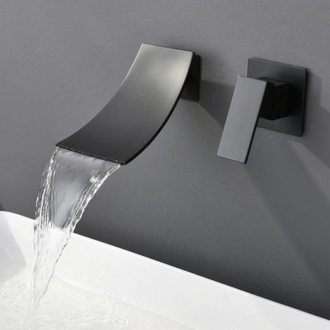 Grifo de baño en cascada, grifo de lavabo empotrado de pared, grifo de pared de 2 orificios con una sola manija y caño grande, grifo mezclador para baño, negro