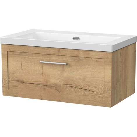 Stonnall Traditional Wall Hung 1 Drawer Vanity Unit with 0 Tap Hole Fireclay Basin, 800mm, Autumn Oak