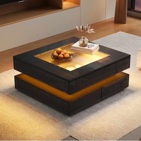 Mesa centro LED con 3 cajones y cristal 70x70x35 cm OKMYHOME (1/5)