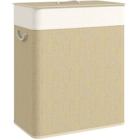 Panier à Linge en Bambou 100L avec Couvercle et 2 Compartiments Sac Amovible Lavable Salle de Bain Buanderie 52x32x63cm (1/5)