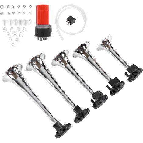 Klaxons pneumatiques pour voiture (lot de 5) avec compresseur d'air, klaxons musicaux à 5 tubes de style jazz, 130 dB, 12 V, adaptés aux camions, bus et navires. (1/5)