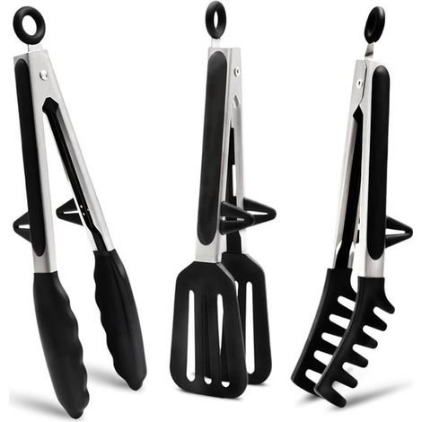 Pinzas de cocina de acero inoxidable de 26 cm，pinzas para alimentos，pinzas de cocina de silicona para asar a la parrilla，cocina (negro)