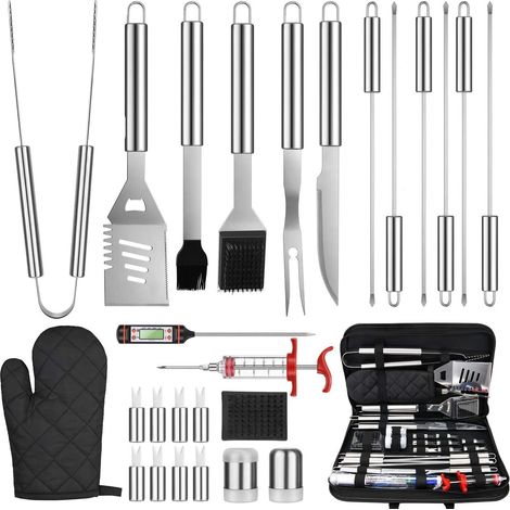 Komplettes Grillbesteck-Set (27-teilig) – Grillzubehör aus Edelstahl, geordnete Aufbewahrung – 27 unverzichtbare Utensilien für müheloses Kochen, Camping und Grillen im Garten.