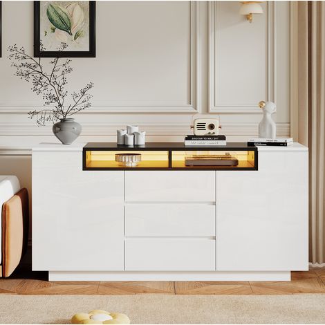 Buffet de salon 140 x 40 x 68 cm avec 2 portes, 3 tiroirs, éclairage LED, blanc et noir HAVRYA (1/5)