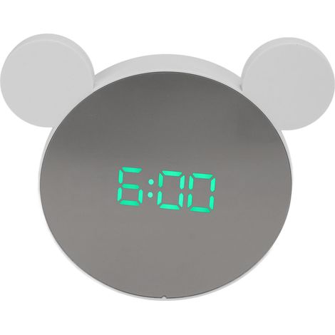 Miroir-réveil numérique avec oreillettes, luminosité du rétroéclairage réglable, horloge numérique LED affichant l'heure, la date, la température et une lumière verte. (1/5)