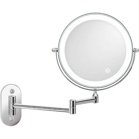 Miroir de maquillage mural double face de 20 cm, LED rechargeable, contrôle de la température de couleur, grossissement x5, argent (1/5)