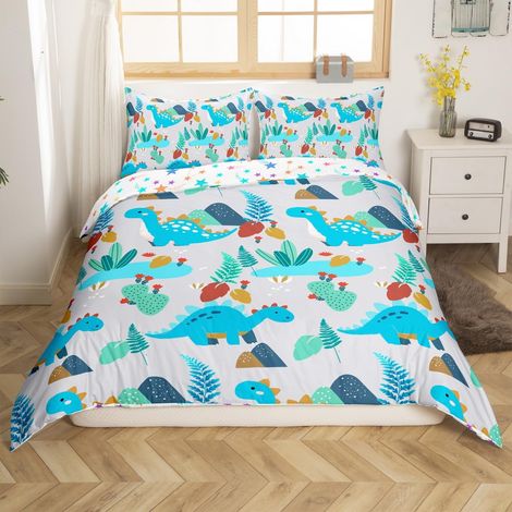Parure de lit avec housse de couette de 135 x 200 cm avec fermeture éclair - Motif dinosaure mignon - Bleu et vert (1/5)