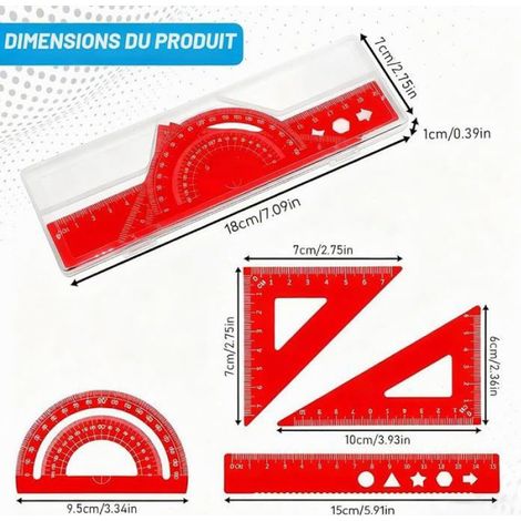 Règle - Équerre 45° - Équerre 60° - Rapporteur - Ensemble Géométrie Métal Aluminium - Pour Dessin Technique et Scolaire - 4 Pièces (1/5)