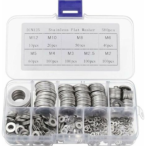 Rondelle Inox avec Boîte de Rangement (Lot de 580) - Assortiment de 9 Tailles M2, M2.5, M3, M4, M5, M6, M8, M10 & M12 - Lot de Rondelles Métal - Réparations, Usines & Décoration Intérieure (1/5)