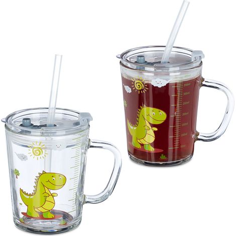 Vasos con Pajita para Niños, Set de 4, Dinosaurio, Vaso Niños con Asa, con Tapa y Pajita, 400 ml, Transparente (1/5)