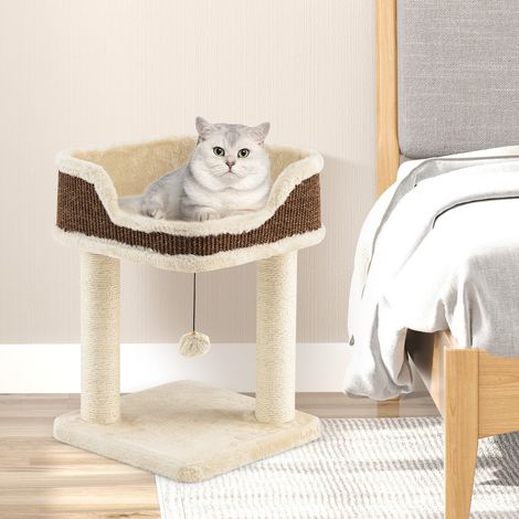 Arbre à chat beige 3-en-1 en bois avec perchoir moelleux, griffoirs en sisal et balle suspendue (1/5)