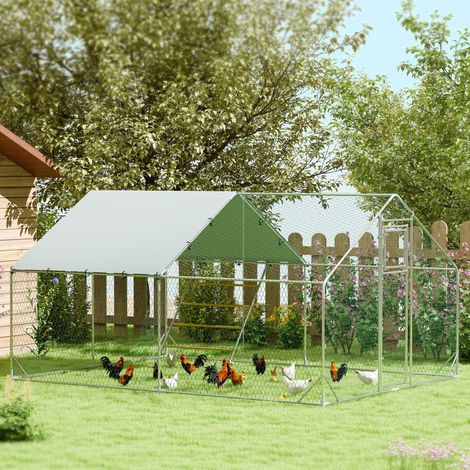 Poulailler - mangeoire automatique - bâche résistante aux UV - enclos en plein air pour poules - grille en acier - pour 12 à 18 poulets