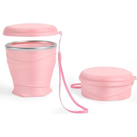 Tazza da viaggio pieghevole in silicone da 260 ml – senza BPA con coperchio antipolvere – ideale per campeggio e ufficio – rosa (1/5)
