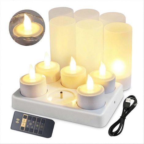 Bougies sans flamme avec télécommande, minuterie et base de chargement, lot de 6 bougies chauffe-plat LED rechargeables par USB (1/5)