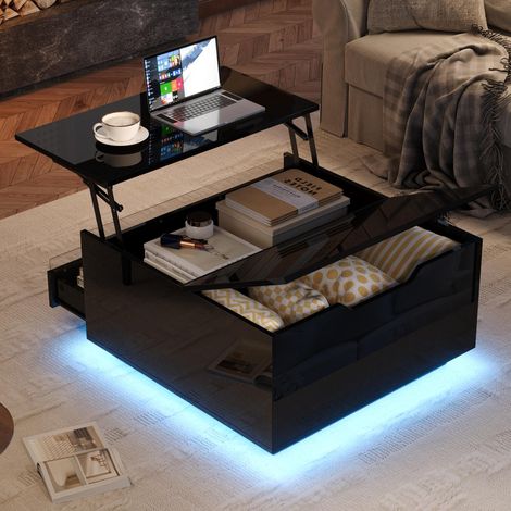 707038cm Wohnzimmer-Couchtisch, Anhebbarer kaffeetisch mit LED-Lichtleiste,Sofatisch mit 1 Schublade,Hochglanz-Beistelltisch mit verstecktem Stauraum und hochklappbaren Türen,Schwarz (1/5)